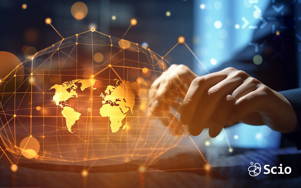 De-Globalization Impact on Software Development Hands interacting with a digital world map representing the shift from global to regional software development.